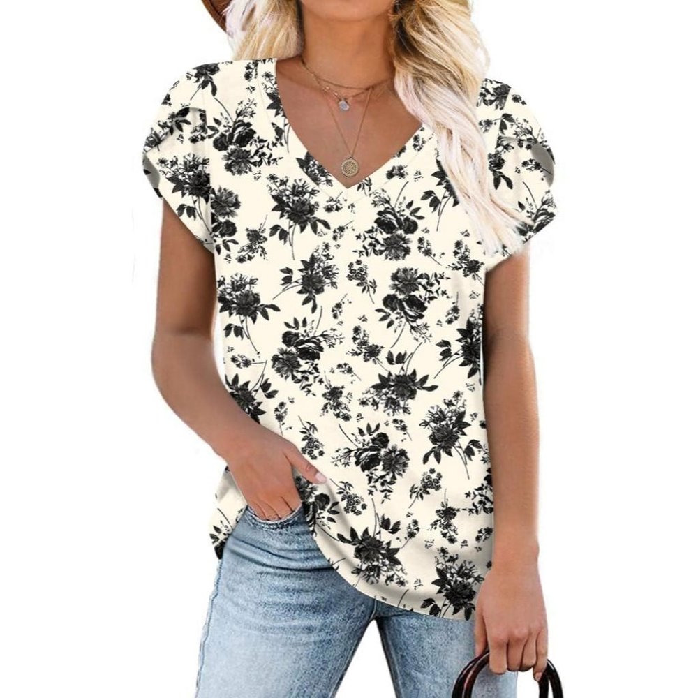 Women White & Floral Tunics Top Short Sleeve V Neck Lightweight Casual T-Shirt